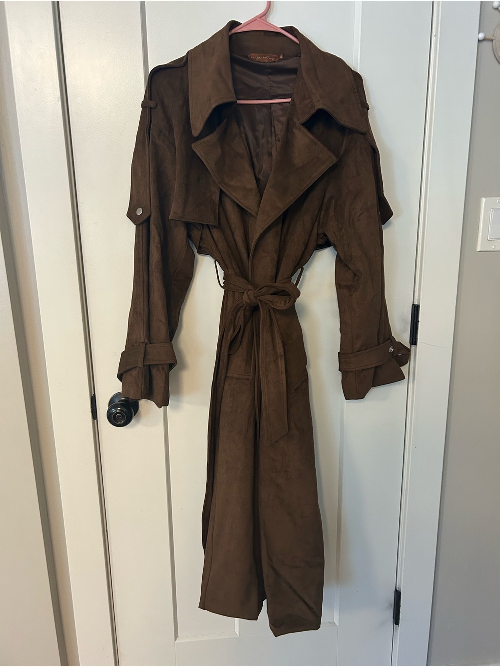 Brown Suede Trench Coat with Belt - Women's Jacket